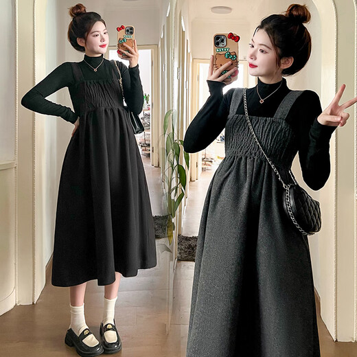 苒祺祺孕妇连衣裙春秋装女2025新款孕妇装春季套装时尚洋气背带裙两件套 黑色打底+灰色背带裙（套装） L