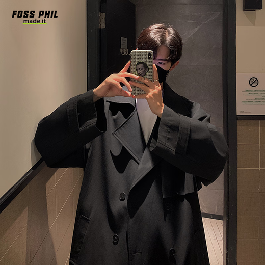 Foss Phil Mantel Herren Herbst und Winter trendige Marke koreanische lose mittellange Windjacke neue Herren DF275 schwarz XL