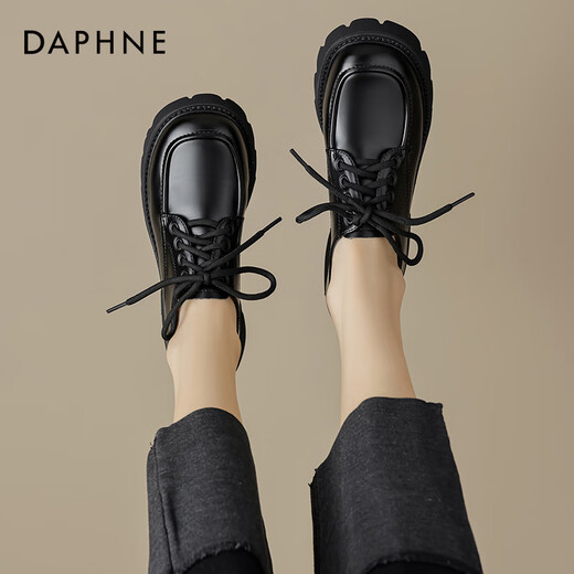Daphne British Style Leather Chaussures pour femmes 2023 Automne Black Lace-Up Single Chaussures Japonais Retro Mood Black 38