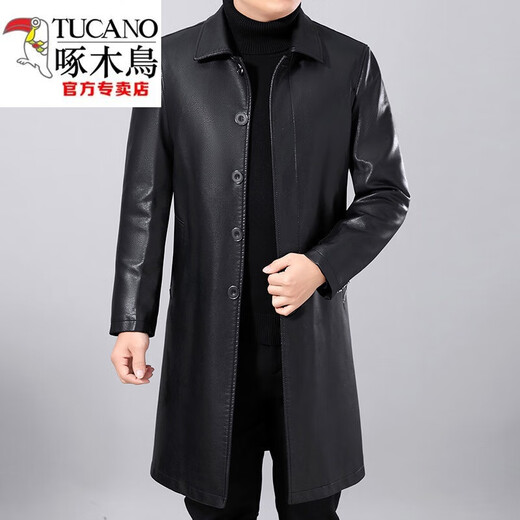 Woodpecker winter leather windbreaker men's mid-length extra-long knee-length leather coat men's long thickened leather coat for middle-aged and elderly people fully wrapped plus velvet long black. Thickened 3XL 190 Weight 165-185Jin Jin is equal to 0.5 kg