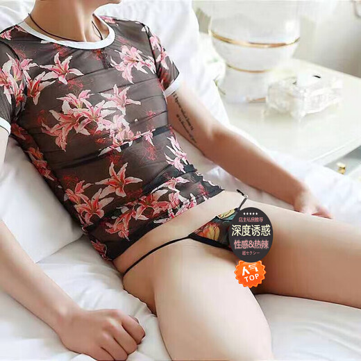 邹润安情趣男士情趣内裤网纱T裤丁字裤性感诱惑透视透明火辣男宠阴茎裤 g295百合花内裤 均码(适合S-XXL)