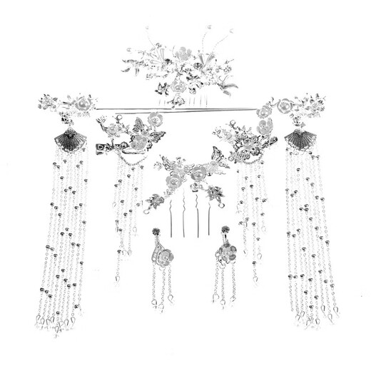 Hanfu hair crown, women's ancient style headwear, full set of ancient costumes, fairy style, tassels, rocking wig hairpin, style 1, platinum ear clip style