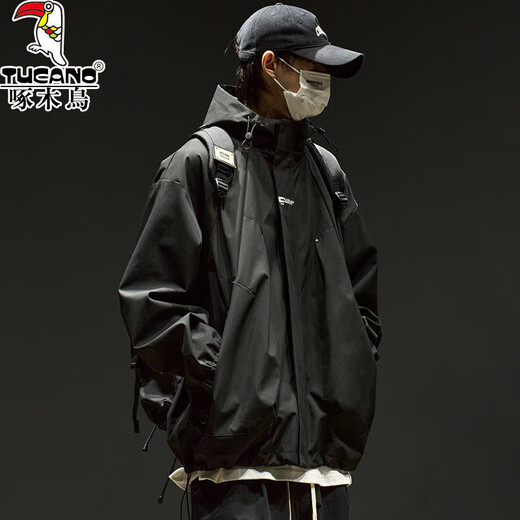 Woodpecker Jacke Herren American Mountaineering Outdoor Frühlings- und Herbstjacke Herren Winter wind- und wasserdicht Trendige hübsche Jacke verdickt schwarz L (empfohlen 125-140 Jin Jin entspricht 0,5 kg)