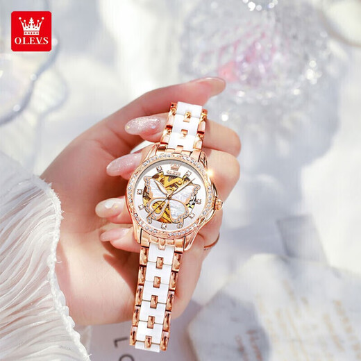 OLEVS Swiss certified watch women's fully automatic mechanical watch luminous waterproof hollow women's watch fashion fashion women's watch OLEVS6622 women's ceramic white surface free engraving