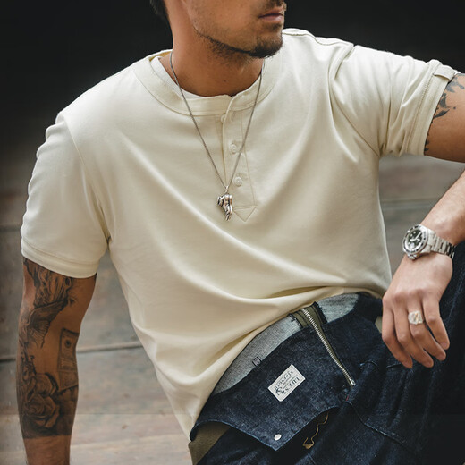 
Maden Henry shirt short-sleeved men's summer heavy cotton breathable half-sleeved base shirt American retro tough men's T-shirt Cold gray L
