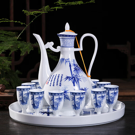 Xihe Yinyao Xihetang Jingdezhen Ceramic Wine Set Liquor Goblet Spirit Cup Blue and White Wine Pot Set Wine Cup Guiguzi Style (1 Pot, 10 Cups, 1 Tray)