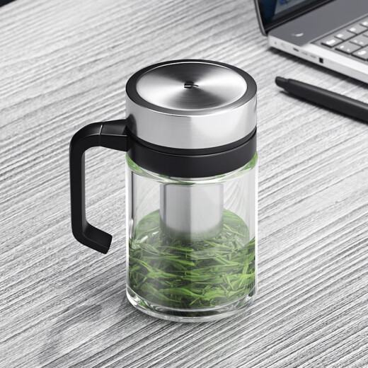WANXIANG single-layer glass handle water cup business office men's glass large-capacity tea cup with filter simple box U219-titanium silver 500ml