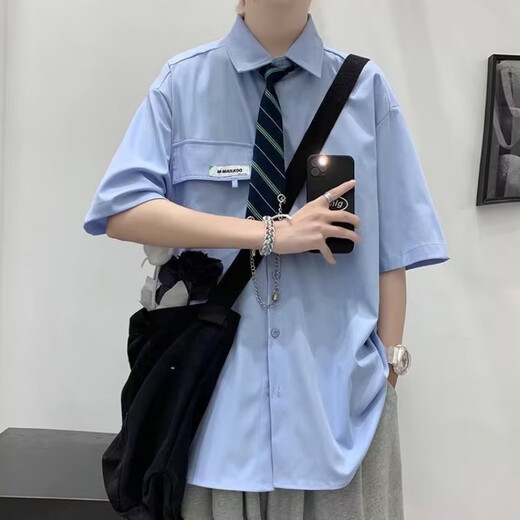 狄帝鲨学院风DK制服衬衫男短袖痞帅夏季宽松休闲港风日系衬衣班服一套 白色+领带 L