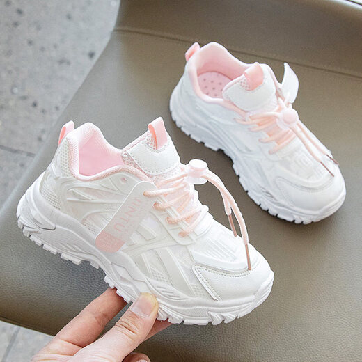 Marque Broken-taille Girls and Children 2025 Summer New Dad Chaussures de taille moyenne Chaussures blanches pour enfants Chaussures de course Printemps et d'été Chaussures pour enfants minces filles Mesh chaussures respirantes