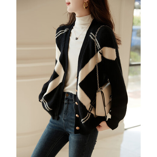 Demana v-neck sweater Autumn and winter V-neck loose off-shoulder long-sleeved color-blocked simple sweater for women