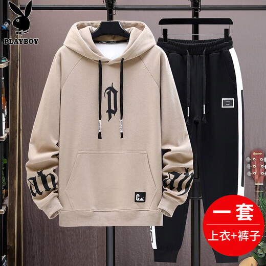 花花公子（PLAYBOY）卫衣男秋冬季新款连帽潮流休闲宽松长袖t恤男士加绒保暖两件套装 C-9194HHTZ8111D黑色 M