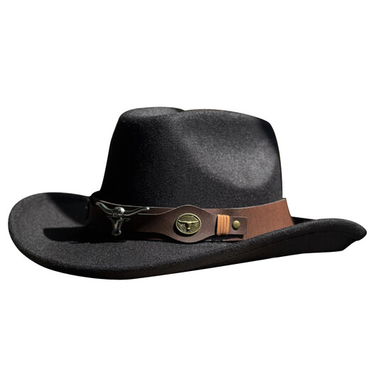 Woodpecker [Brand] Big Bullhead Western Cowboy Hat Men's Autumn and Winter Casual Versatile Retro Black Woolen Top Hat Women's Tibetan Jazz Hat Cowhead Belt Woolen Jazz Hat Off-White JSM-010 One Size 55-60CM