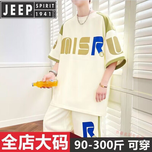 Jeep Spirit Summer Jugend kurzärmelig Sportanzug T-Shirt Fett Plus Größe Männer lose Modemarke Handsome Set D672 Black L