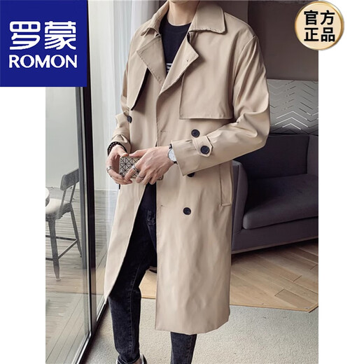 罗蒙（ROMON）军风衣男士中长款春秋款2025新款英伦痞帅修身双排扣大衣外套男款 军绿色 加棉 M 【建议90斤以内】
