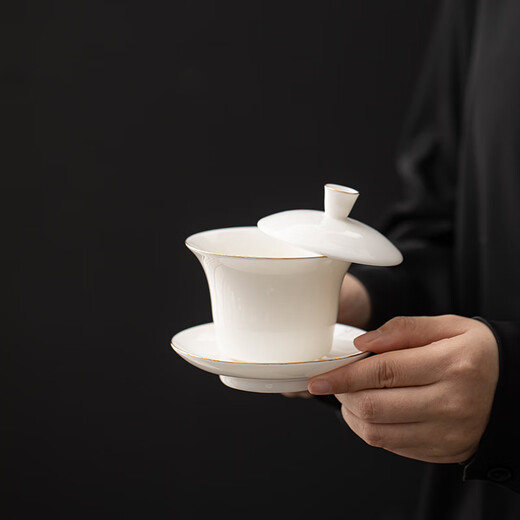 SUSHI CERAMICS Hovering Horseshoe Sancai Covered Bowl Mutton Fat Jade Gold Dehua White Porcelain Kung Fu Tea Set J1038