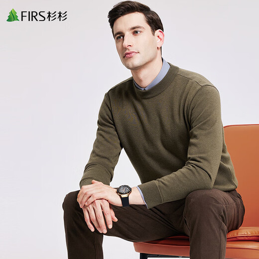 杉杉（FIRS）纯羊毛加绒毛衣男秋冬新款圆领打底休闲保暖厚针织衫677 卡其 2XL (185)