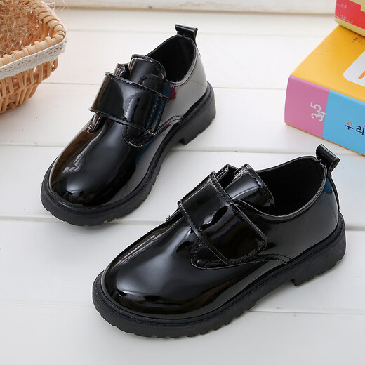 Ershanji Boys Leather Shoes Black Children's Campus Small Leather Shoes Soft Sole Performance Shoes New Performance Little Boys British Students Black Velcro Style 34 Size Inner Length 21.5cm