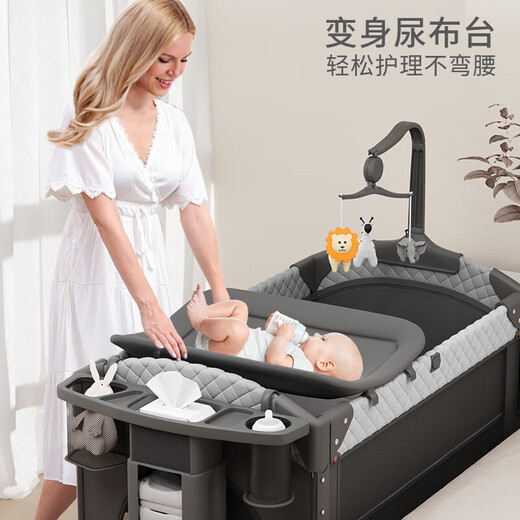 ULOP (ULOP) crib movable splicing bed multi-function folding bed baby sleeping artifact diaper changing table newborn bb bed 1.1 meters free installation guardrail can lift crib gray baby supplies meeting gifts portable travel nap bed