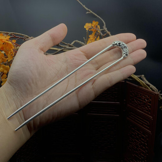 Nanzhi Rich Peony S925 Yintai Silver U-shaped long hairpin, retro carved hairpin, classical Hanfu cheongsam hairpin, Rich Peony Hairpin (length about 17cm)