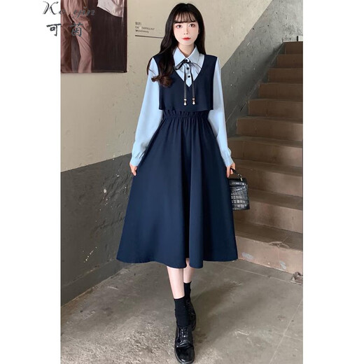 Keyin Kleid Frauenkleidung 2025 Frühlings- und Herbst Neues französisches gefälschter zweiteiliger Spleißprofi Retro mit mittlerer Länge für Frauen 9905 Frühling und Herbst L.