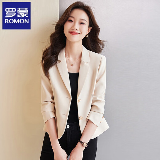 ROMON coffee color short small suit jacket for women spring and autumn 2026 new style ladies casual small suit jacket black S recommended 95Jin Jin is equal to 0.5kg within