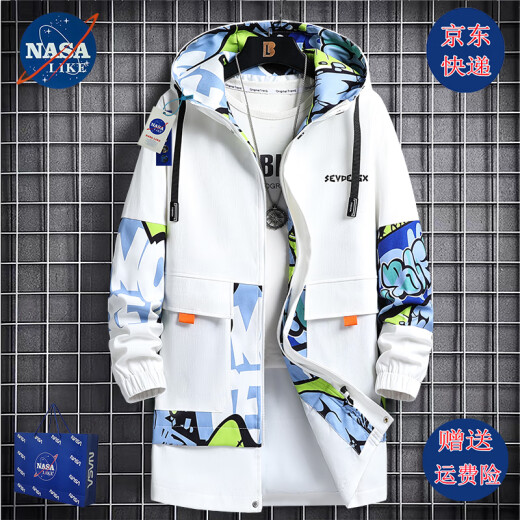 NASALIKE official trendy brand mid-length windbreaker jacket men's spring and autumn winter large-size hooded jacket student graffiti plus velvet jacket N73 white (spring and autumn style) XL (168-175cm 120-140Jin[Jin equals 0.5 kg])