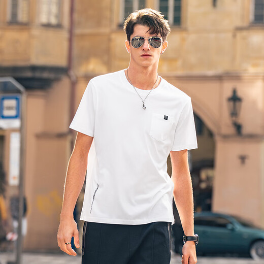Mr. Bu Bu simple pocket design pure cotton T-shirt 2025 spring and summer new English printed short-sleeved white TGT15262 Haoyue White S (165)