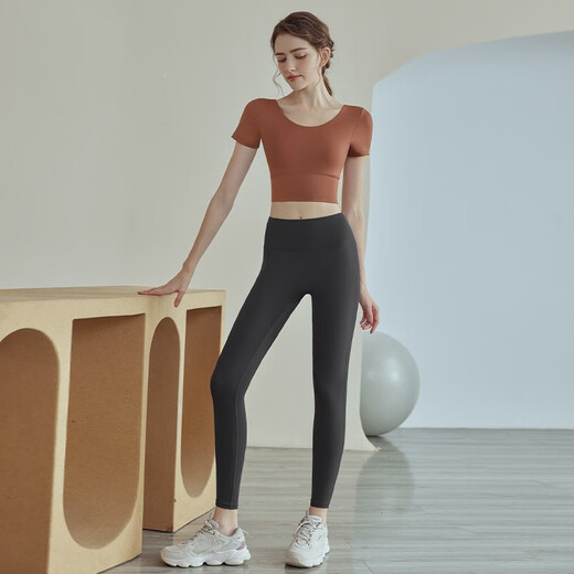 Yoga Girl Summer Yoga Wear Women's Suit with Padded Short Sleeve Sports Running Fitness Wear Pilates Pink Short Sleeve + Gray Pants M (95-115Jin Jin equals 0.5kg)