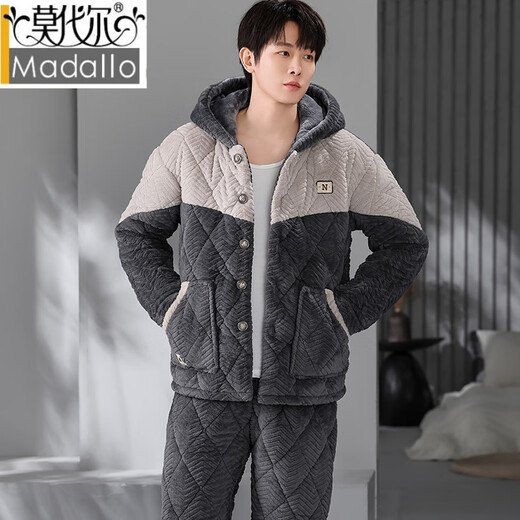 MODAL CORAL VELVET PYJAMAS FÜR MÄNGER DER DREIDE DIREKTIERTE COTWONTE PLUS Samt Flanellflanell warmer Kapuzenbekleidungsanzug Männer 831 Grau [Knopf] L empfohlen 100-125 Jin [Jin entspricht 0,5 kg]