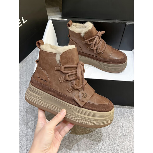 Belle thick-soled high-rise snow boots for women 2024 winter new non-slip waterproof Martin short boots plus velvet warm large cotton shoes brown 36