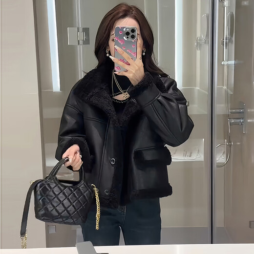 Pierre Cardin fur one-piece lamb plush thick coat for women 2025 autumn and winter new style Maillard short plush leather jacket coffee color M recommended 85-118Jin Jin is equal to less than 0.5 kg