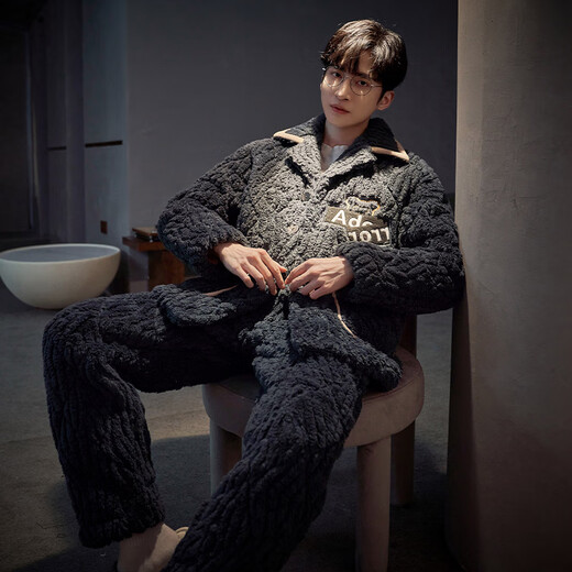 Pamachi Пижама Pamachi мужская зимняя стеганая трехслойная утолщенная плюс бархатная фланель теплая очень плотная хлопчатобумажная куртка комплект домашней одежды 9902 Размер XL (171-178см 130-155Цзинь Цзинь равен 0,5 кг)