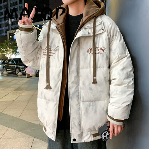 MAJQP Cotton Jutk Men 2024 Зимняя новая утолщенная теплая фальшивая двухсекционная хлопчатобумажная куртка мужчина молодежная модная бренда с капюшоном с капюшоном 6626 серо-белый L около 90-115 Jin [Jin равняется 0,5 кг] может быть носить