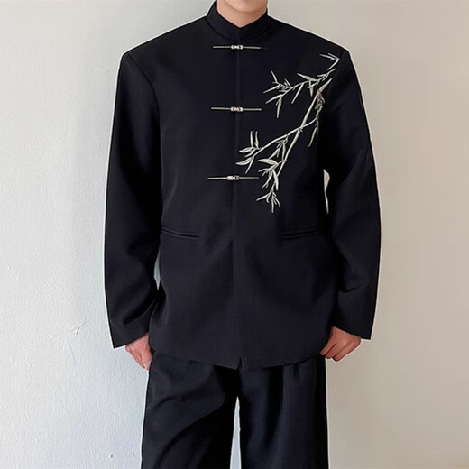 JIAYE Spring and Autumn New Chinese Style Stand Collar Green Bamboo Ethnic Style Tang Suit Jacket Men's Zhongshan Suit National Style Jacket Men's Groom's Clothing Black Jacket + Black Trousers Green Bamboo XL Recommended 120-140 Jin Jin equals 0.5 kg