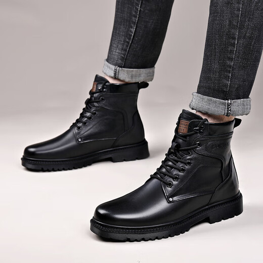 BRIONI马丁靴男士真皮羊毛保暖棉靴高帮头层牛皮工装户外加厚雪地 3518黑色(羊毛款) 38