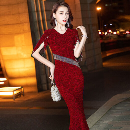 NUKM high-end evening dress for women fashion internet celebrity new blue long socialite temperament dignified annual meeting fishtail host skirt blue [9955] long 140CM L 110-120