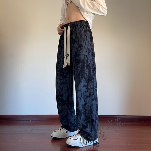Rubink American tie-dyed casual pants for men in autumn and winter new drawstring wide-leg pants loose plus velvet straight sports pants black XL (recommended 125-135 Jin Jin equals 0.5 kg)