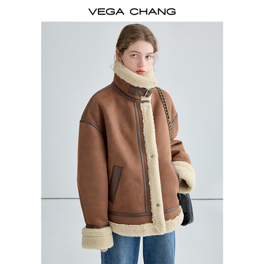 VEGA CHANG皮毛一体短外套女2024冬旷野美拉德加绒机车风大衣oversize 焦糖棕 M