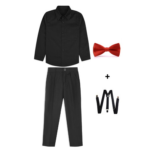 Xin Yueqing primary school students' spring and autumn performance uniforms black shirt, trousers, dress and velvet school uniforms for boys and girls, overalls suit, black long shirt + trousers + black suspenders + red bow tie 150cm
