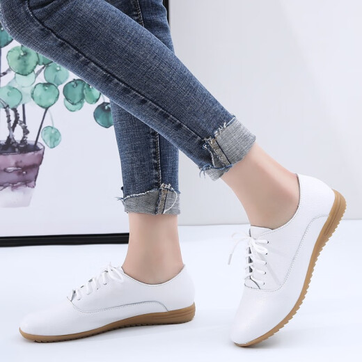 Bailin Monkey Single Shoes for Women Spring and Autumn Soft Leather Women's Shoes Small Leather Shoes Pregnant Women Anti-Slip Mom Shoes Flat Bottom Women's Casual All-match Shoes Beige 37