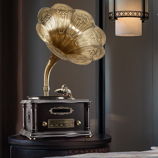 Heritage Family Retro Desktop Phonograph Living Room European Bluetooth Small Speaker Solid Wood Small Old-fashioned Antique Vinyl Record Player Mini Record Player 708 Ebony Copper Speaker + Package A