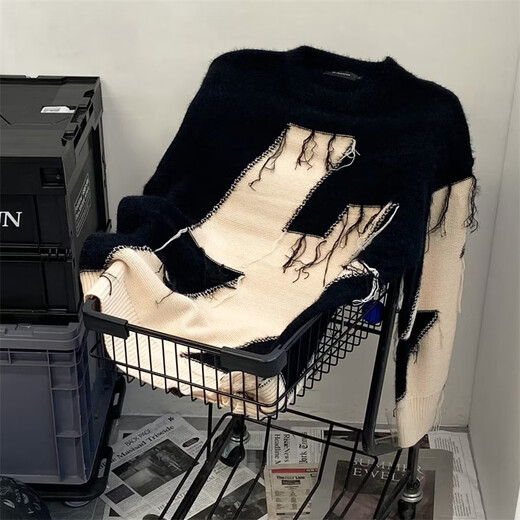 International Automne and Winter Fashion Brand Design Niche Couleur contrastée épissage Sweat Ripped Sweater Men American Retro Trendy Ins Loose Loty Style High Und Fouet Top 826 Abricot Couleur de haute qualité L Suivez le magasin pour la livraison prioritaire