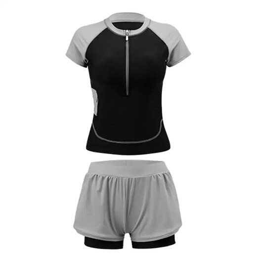 Yuke swimsuit female conservative student two-piece split belly-covering slimming swimsuit 2024 new sports hot spring swimsuit dark gray nose clip earplugs + flat swimming goggles M size recommended weight 88100Jin Jin is equal to 0.5 kg