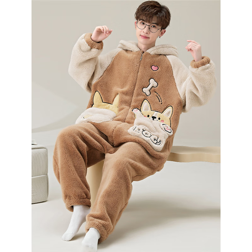 Shantoulin Village Shark Men's Autumn and Winter Large Size One-piece Pajamas 2024 Teenagers Plush Thickened Coral Fur Home Clothing YPF One-piece 3890 Gray Cat M Size 160C/95Jin[Jin equals 0.5 kg]
