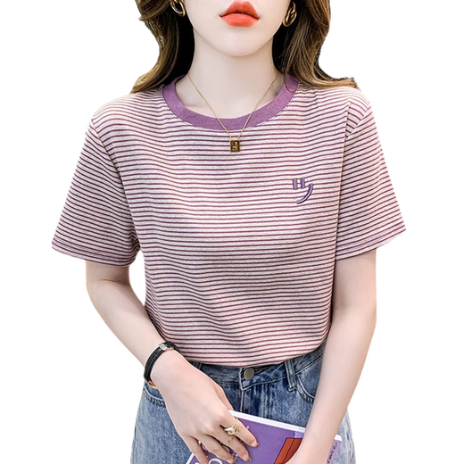 拉夏贝尔（La Chapelle）条纹短袖t恤女宽松韩版女装2025年夏季新款百搭体恤圆领半袖上衣 红色 9928 M 建议95-105斤