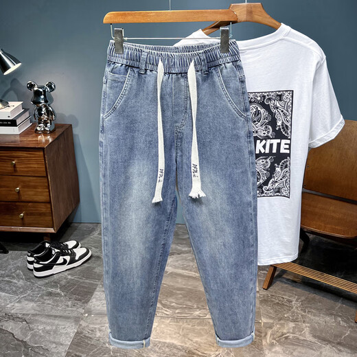 冬季新款男士宽松弹力小脚长牛仔裤男潮牌松紧腰带无铁休闲哈伦裤 6623浅蓝色薄款 29 （建议105-120斤）