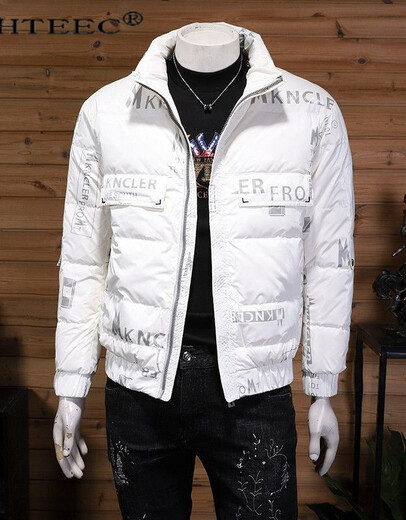 hteec Hong Kong trendy brand winter 90 white duck down casual warm down jacket men's loose standing collar cold-proof bread jacket coat beige XXL