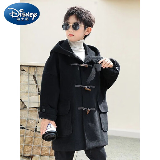Disney (Disney) Boys' Woolen Coat 2024 Autumn and Winter New Children's Horn Button Woolen Coat Children's Clothing Top Mid-Length Loose Hooded Black 120 Recommended height is about 120cm
