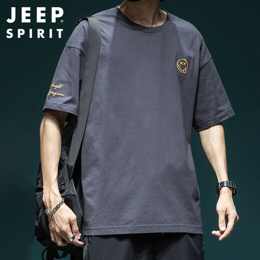 
JEEP SPIRIT Jeep Smiling Face Embroidered Short Sleeve T-shirt Men's Summer Loose Large Size Half Sleeve Casual T-shirt Dark Gray XL
