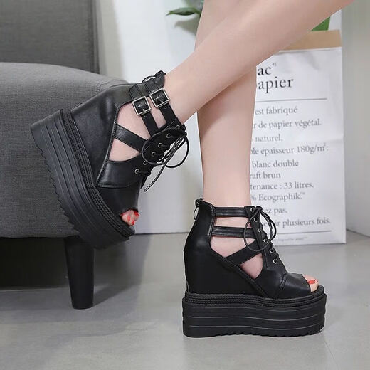 Luyiyahan women's pine cake sandals in spring and summer heels in the heels and fish mouth sandals waterproof platform high heel mesh thick sole 9568-25 lips black 14cm 36